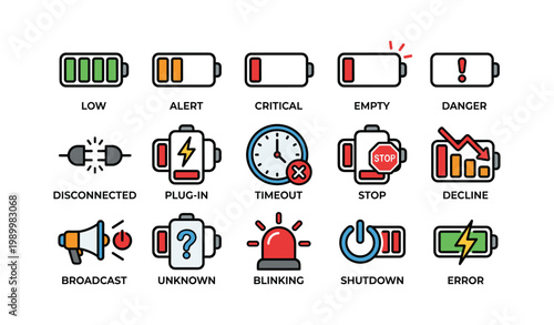 Battery status icons showing warning states on white background