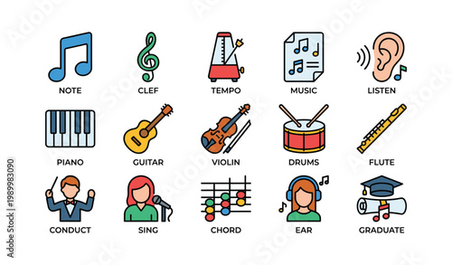 Musical symbols and instruments arranged in grid on white