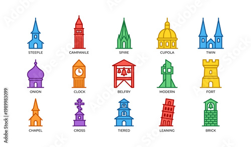 Architectural tower icons arranged in colored grid on white background