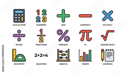 Mathematics and calculation icons showing symbols and tools
