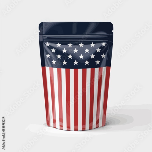Stand-up pouch with American flag design, featuring blue top with white stars and red and white stripes on a white background.
