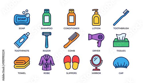 Bath and toiletry items arranged in labeled icon grid