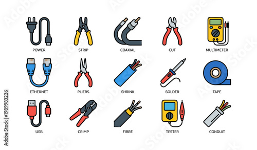 Electrical tools and cable icons showing connectors and testers