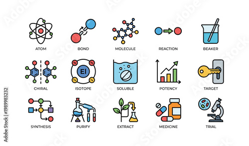 Chemistry and laboratory icons arranged in grid on white background