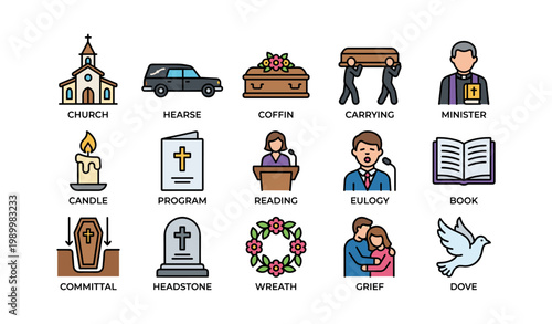 Funeral and memorial icons arranged in grid on white background