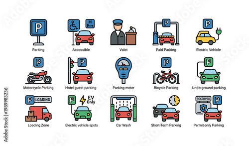 Parking and vehicle signage icons arranged in grid layout