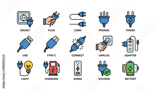 Power plugs and connectors displayed in grid on white background