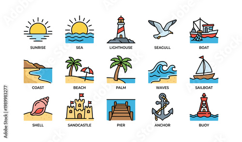 Coastal and beach icons showing seaside elements and vessels