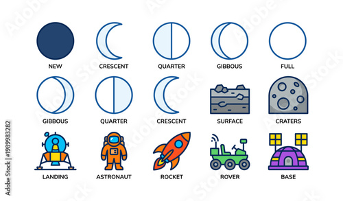Moon phase and lunar exploration icons with surface elements