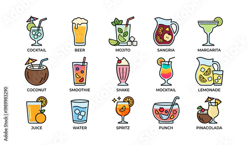Beverage icons depicting various cocktails and drinks on white