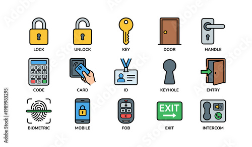 Security icons displaying locks keys and access controls on white