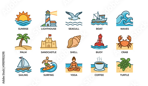 Beach and ocean icons arranged as labeled symbols on white background