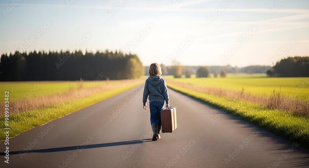 Fototapeta premium A lone figure walks down a long, empty road with a suitcase, symbolizing a journey or new beginning.