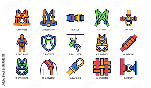 Safety harness and fall protection icons arranged on white background
