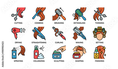 Hair styling tools and actions illustrated in icon grid