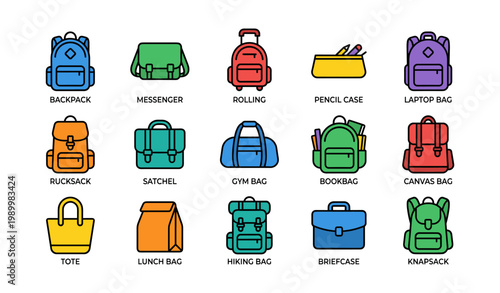 Various bag icons showing backpacks and travel bags layout