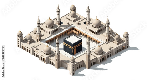 An isometric 3D illustration showcases the Mecca complex with the Kaaba at its center, rendered as a vector design against a clean white background, creating a serene and detailed