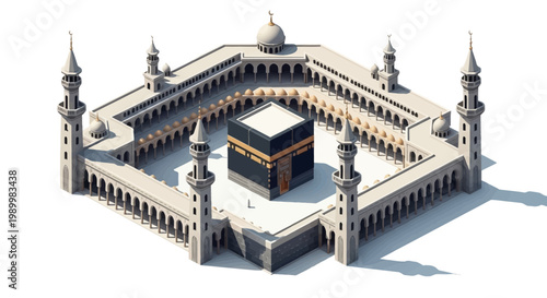 Isometric 3D vector design showing the Mecca holy mosque featuring the Kaaba in the center, with its distinctive black and gold cloth, surrounded by a clean, bright white background
