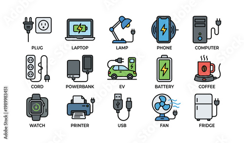 Set of power and charging icons showing devices and cords on white