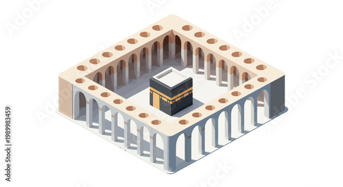 Isometric 3D vector illustration depicting Mecca's Masjid al-Haram with the Kaaba, rendered in a clean, minimalist style against a white background, showcasing its architectural design