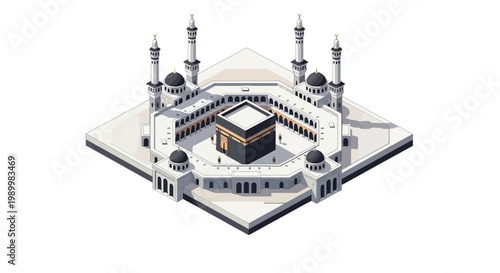 Isometric 3D vector illustration showing the Mecca complex with the Kaaba at its center, depicted in a clean, minimalist design on a white background, conveying a sense of reverence
