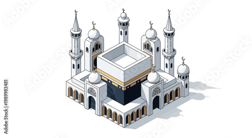 Isometric 3D vector illustration featuring the Kaaba in Mecca with a clean design and soft lighting, set against a plain white background, evoking a sense of reverence and spiritual