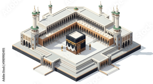Isometric 3D vector illustration showcasing the Mecca, designed with a detailed perspective, featuring the Kaaba at its center, surrounded by white marble structures and minarets
