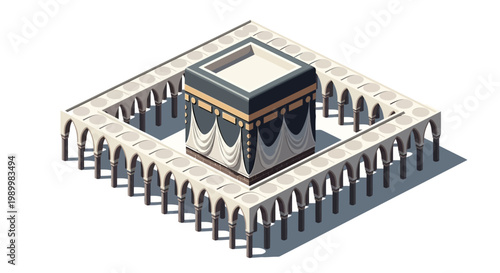 Isometric vector illustration featuring the Mecca, rendered in 3D with a clean design, showcasing the Kaaba surrounded by archways against a bright white background, creating a symbolic