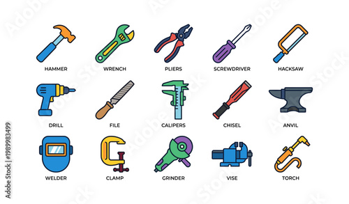 Hand tool icons showing metalworking tools and workshop equipment on white