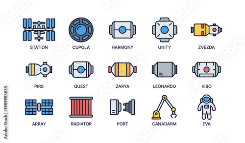 Space station module icons showing modules and equipment on white