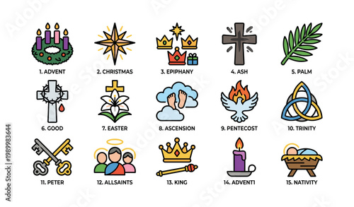 Christian holiday and church symbols arranged on white background