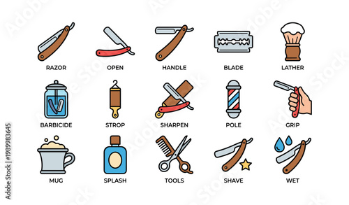 Straight razors and shaving tools arranged on white background