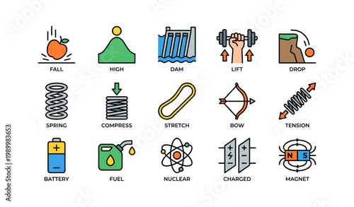 Physics and mechanics icons showing forces energy and motion on white