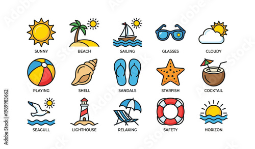 Beach items showing summer activities and objects on white