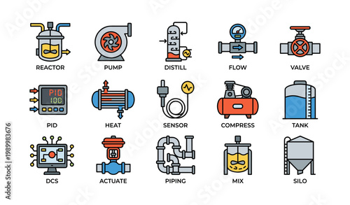 Industrial process equipment icons arranged on white background