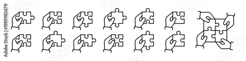 Hands holding jigsaw puzzle pieces, interlocking shapes, and group collaboration for business solution line icon set