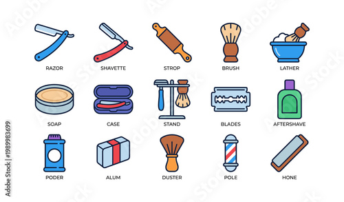 Shaving and barber tools icons displaying grooming accessories