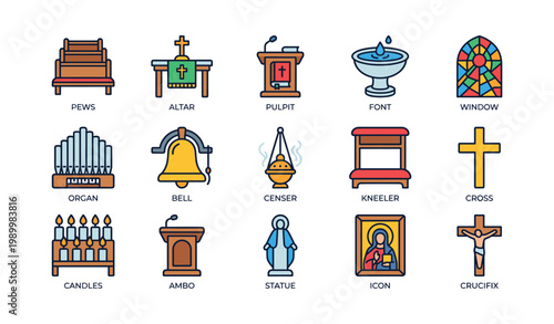 Church items arranged in grid layout on white background