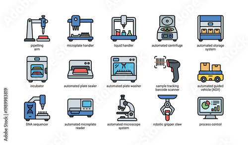 Laboratory automation instruments and robotics on white background