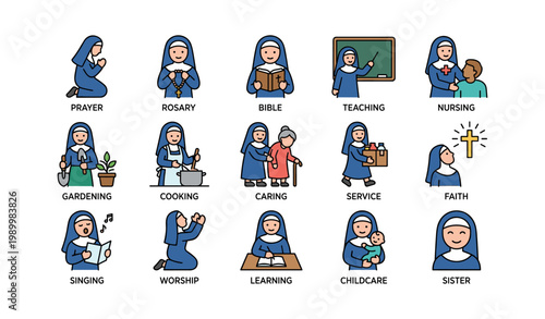 Nuns performing religious and community tasks in grid