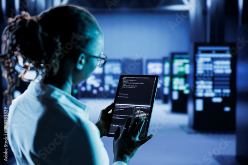 Принти на полотні Computer scientist builds firewall protection systems in server room housing advanced infrastructure