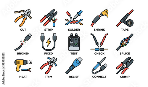 Electrical wire repair and testing tools on white background