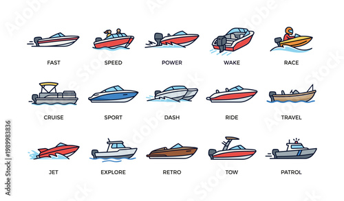Boat and watercraft illustrations with labels on white background
