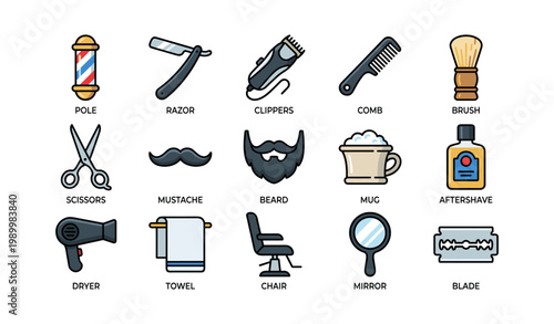 Barber tools and grooming accessories arranged on white background