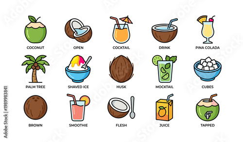 Coconut and tropical drink icons arranged on white background