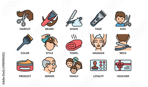 Barber and salon icons showing haircuts styling and grooming on white
