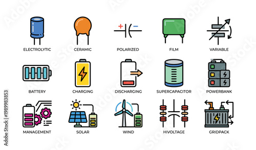 Energy storage and component icons arranged on white background