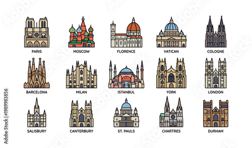 Famous cathedral icons representing european landmarks on white