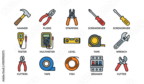 Electrical and hand tools arranged in grid on white background