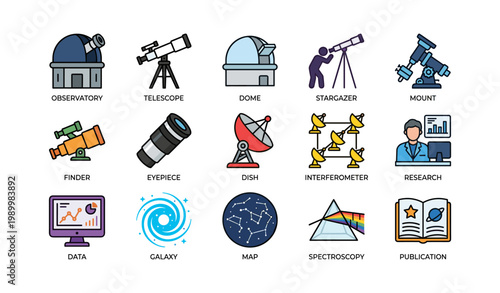 Astronomy and telescope icons showing observatory and research